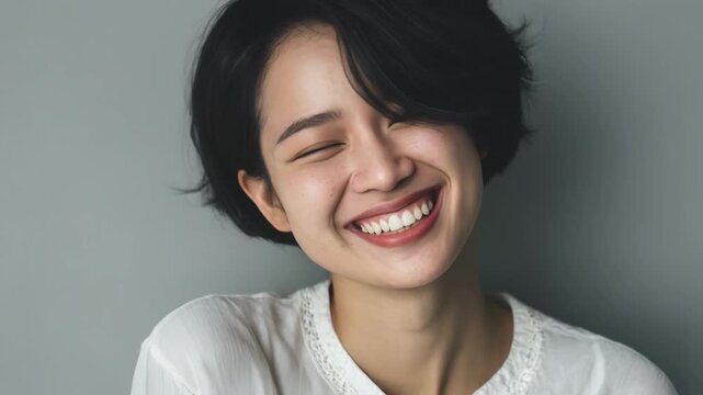 Happy young woman with short hair smiling joyfully with eyes closed against gray background