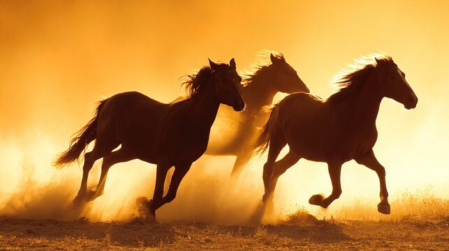 gallop. Three horses galloping through a desert dust cloud with flowing manes under a warm sunset. inspiring travel planning, wildlife magazines, designed for wildlife conservation campaigns.