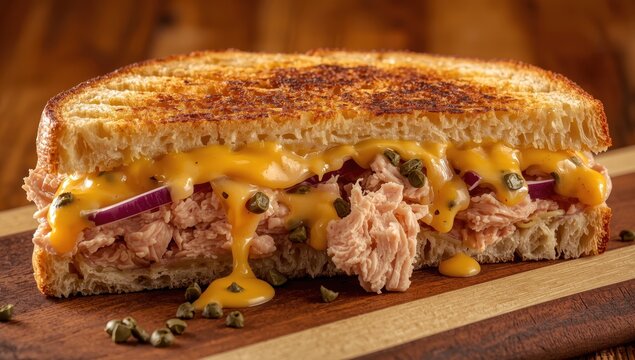 Close-up of a cheesy tuna melt on toasted bread with red onion, capers, and melted cheese on a wooden board.