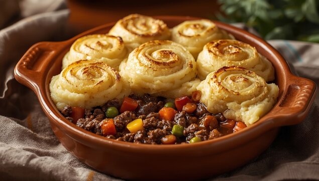 A portion of tasty homemade shepherd's pie featuring ground meat, mashed potatoes, carrots, peas, corn, and a cheddar cheese topping.