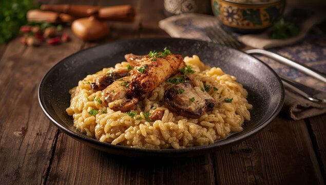 Mushroom and chicken risotto presented on a plate, side view of Middle Eastern cuisine.