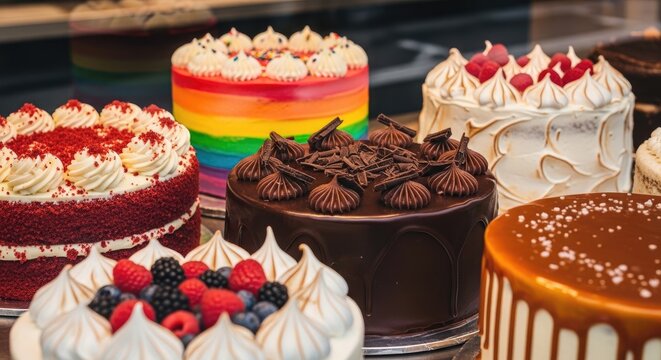 A vibrant display of cakes, each one a unique masterpiece, with intricate designs and flavors to delight the senses.