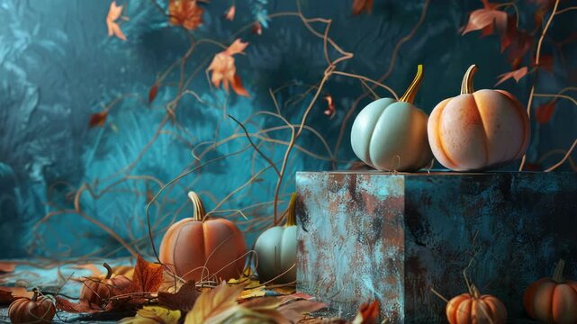 Seasonal still life featuring pumpkins and leaves in a rustic setting