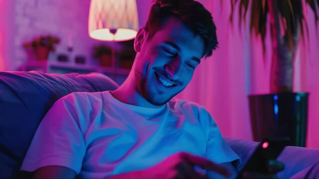 Man sitting on couch with a happy expression; holding game controller in his hands while playing video games in the room with purple neon lights.