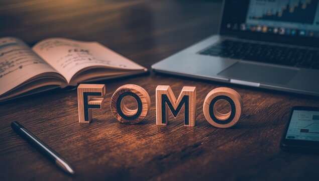 Manually position wooden letters to spell out FOMO, representing the Fear of Missing Out marketing idea.