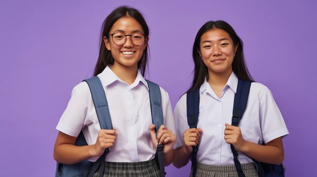 Two Female Students with Backpacks, Posing for a Photo