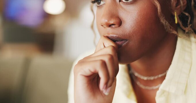 Thinking, black woman and nervous with anxiety at house from stress, mental health and discomfort. Worry, female person and biting nails for overthinking, stimming and trauma response for self doubt