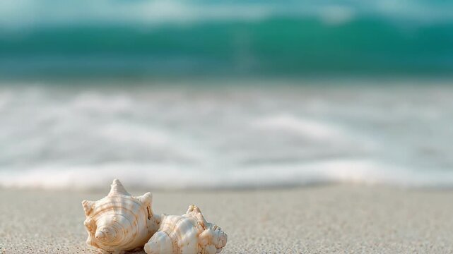 Close up of seashells on sandy beach with ocean waves and turquoise water in background