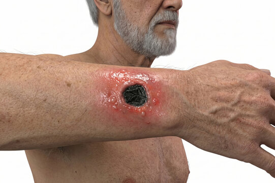 Cutaneous anthrax lesion on the forearm. Exhibits a characteristic painless black necrotic eschar with an extensive peripheral erythematous ring and tissue edema, generative ai illustration.