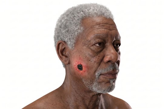 Cutaneous anthrax infection on the human face. Demonstrates the classic clinical presentation of a central black necrotic eschar surrounded by pronounced erythema, generative ai illustration