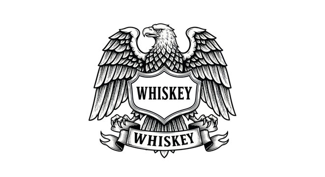Eagle crest with whiskey text, vintage emblem, heraldic symbol, black and white