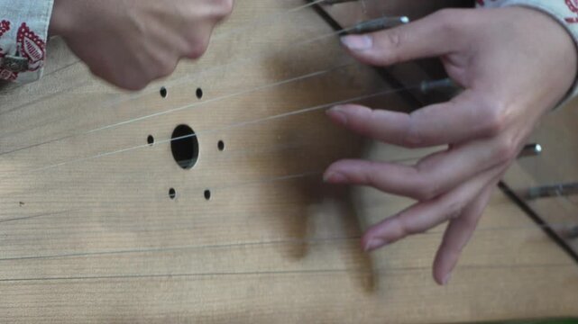 Instrument hands playing, traditional folk music performance close-up.