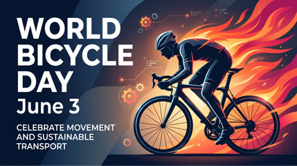 Fototapeta premium Dynamic cycling sport poster for world bicycle day with athlete rider motion illustration glowing energy trail and sustainable transport awareness campaign design