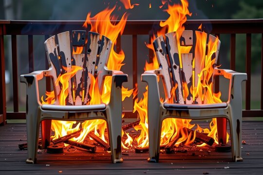 A pair of completely melted plastic lawn chairs sitting on a fiercely burning wooden deck.