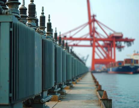 Row of electrical transformers sits on pier at busy port. Large red crane and cargo ship operate in background near water. Industrial maritime scene.