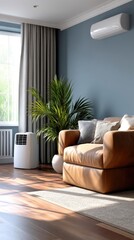 Fototapeta premium Portable air conditioner in modern living room with natural light and stylish design during day time