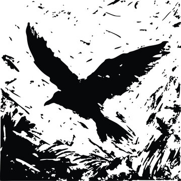 High-Contrast Silhouette of a Flying Crow for Graphic Design and Artistic Projects, Abstract Black and White Ink Illustration of a Soaring Raven in Motion