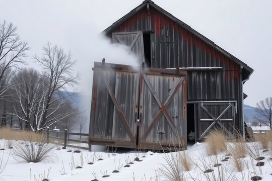 A heavy wooden barn door being violently ripped off its rusted iron hinges by a sudden, freezing microburst.