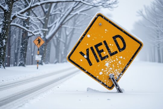 A bright yellow yield sign bending almost entirely backward to the ground from the sheer force of a blizzard wind.