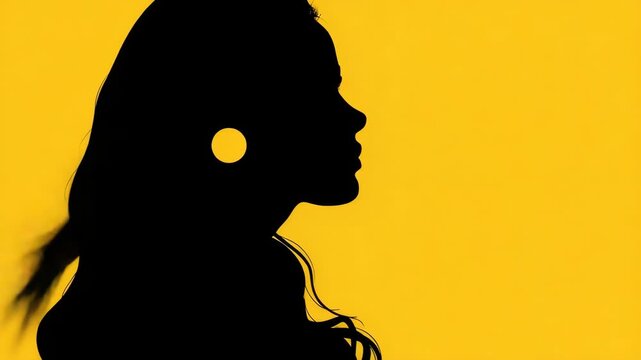 Silhouette of a woman against a vibrant yellow background. Soft curls frame her profile gently. Her posture is calm and composed. Elegant curve of her jawline is clearly defined