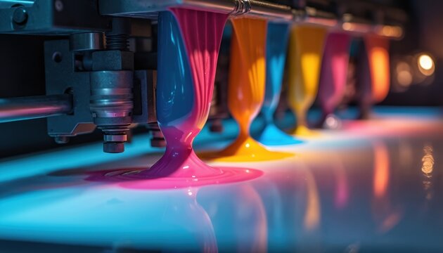 Close up macro view of CMYK ink dripping from printing machine nozzles onto glossy surface. High tech industrial process creating vibrant colors, design production. Precision manufacturing equipment