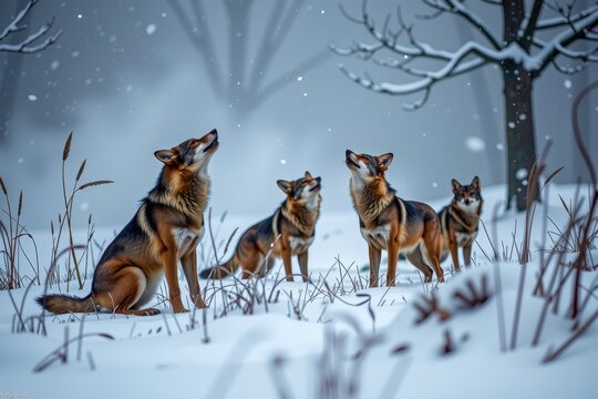 A pack of coyotes howling into a roaring blizzard, their voices completely drowned out by the wind.