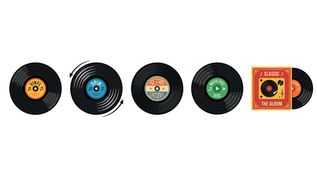 Vinyl records are displayed in a vibrant collection of retro music discs, featuring various colorful labels and a classic album cover.