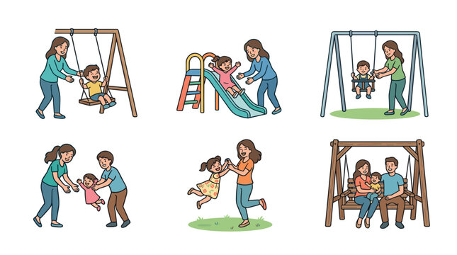 Parents and children enjoy various fun outdoor playground activities together, fostering happiness, strong family bonds, and cherished childhood memories.