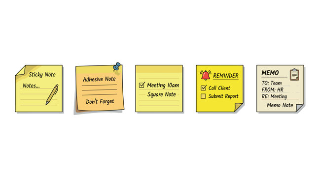 Five yellow sticky notes with various reminders and messages for organization, planning, and communication in a hand-drawn cartoon style.
