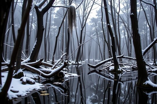 A dense, dark swamp where the Spanish moss hanging from the trees is completely stiffened and frozen solid by sleet.