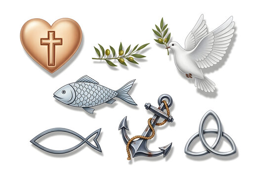 a collection of christian symbols including a heart with a cross, dove with olive branch, fish, anchor, and celtic knot on white background, representing faith and spirituality
