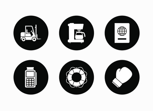 Group of six white circular icons on black background representing common objects.