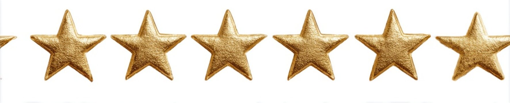 A horizontal arrangement of seven golden stars on a white background