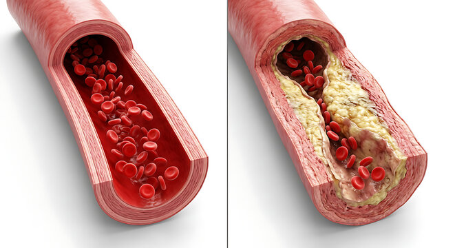 Atherosclerosis Cross Section: Blocked Coronary Artery with Cholesterol Plaque vs Healthy Artery, 3D Medical Cardiology Illustration