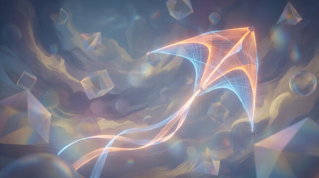 Abstract scene of glowing kite floating through dreamy sky with soft clouds and geometric shapes, featuring pastel gradients and light trails, ideal for creative design, technology, imagination