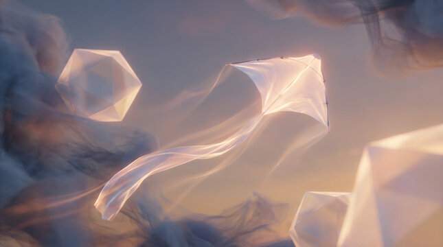 Abstract scene of glowing kite floating through dreamy sky with soft clouds and geometric shapes, featuring pastel gradients and light trails, ideal for creative design, technology, imagination