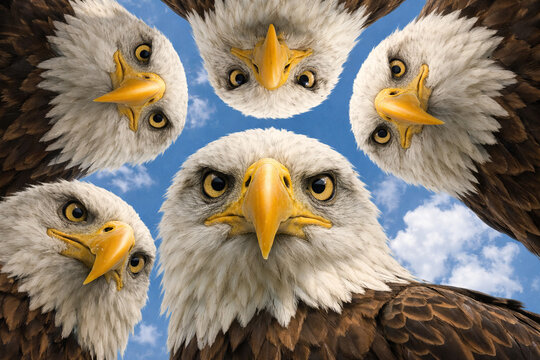 Group of bald eagles looking down into camera from low angle against blue sky, capturing power, focus and dominance, ideal for wildlife, leadership concepts, teamwork themes and bold branding visuals
