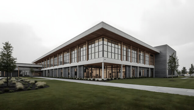 A bright, contemporary office building evokes feelings of trust and innovation. Ideal for illustrating corporate success, architectural design, or rea