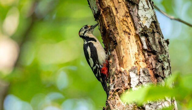 A woodpecker with a red patch on its belly is perched on the side of a birch tree, pecking for insects