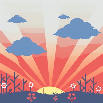 A vibrant cartoon sunrise with clouds and flowers in a field