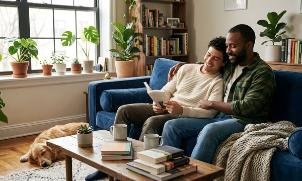Same-Sex Couple Relaxing at Home on Sofa