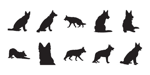 Fototapeta premium German shepherd vector silhouettes bundle. Professional dog illustrations in various positions for high-quality graphic elements.