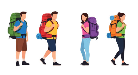 Fototapeta premium Four hikers walking in a line with colorful backpacks and travel gear