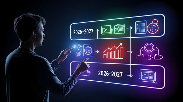 Man Interacting with Futuristic Digital Interface Showing Project Timelines and Growth Charts