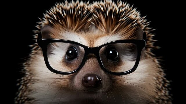 A small hedgehog wearing a pair of black-rimmed glasses. The hedgehog is centered against a blurred background.