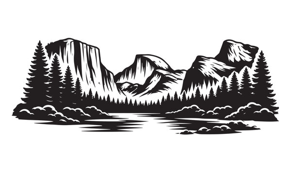 Yosemite Valley Silhouette, Silhouette Vector, Isolated on White Background