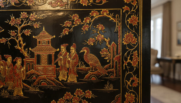 Antique Coromandel lacquer screen texture with carved gold and red cinnabar