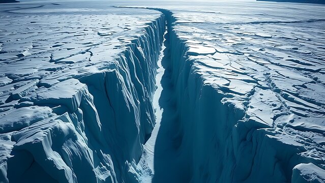 monopole. A vast glacier with a deep, dark crevasse splitting its surface, cold blue and white tones. travel magazines, destination branding, designed for outdoor magazines and nature guides.