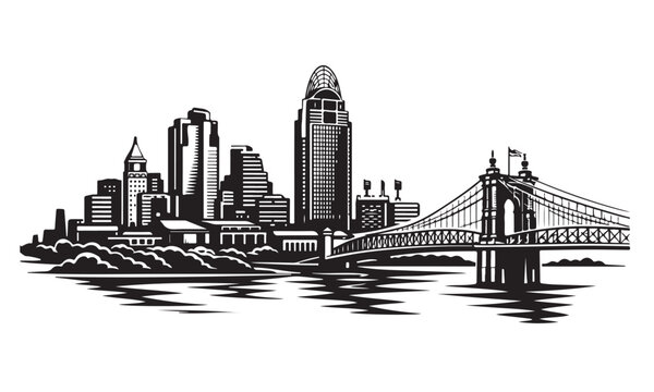 Cincinnati Skyline Silhouette, Silhouette Vector, Isolated on White Background