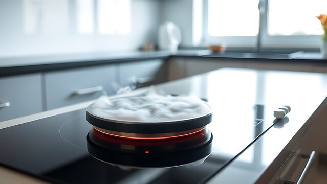 bergschrund. Modern induction cooktop with glowing surface in minimalist kitchen. product launch decks, UI/UX mockups, designed for product launches and innovation pitches, highlights innovation.